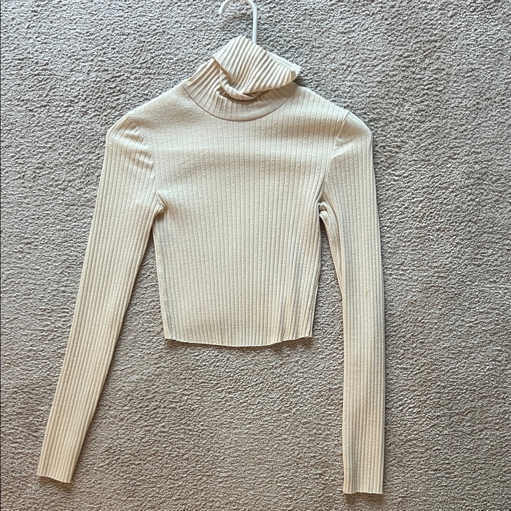 Cream Ribbed Turtleneck Sweater